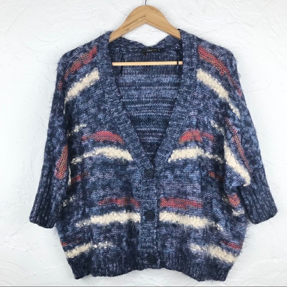 DEX soft fuzzy blue stripe cardigan knit sweater